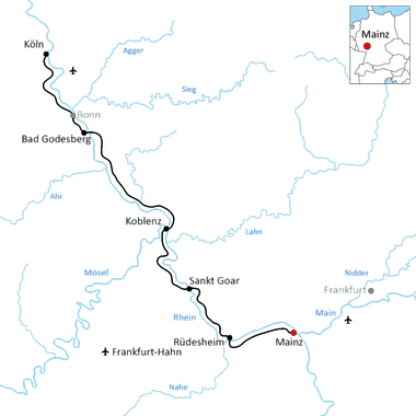 Map showing Rhine cycling route from Mainz to Cologne via Rüdesheim, Sankt Goar, Koblenz, Bad Godesberg and Bonn with nearby airports marked.