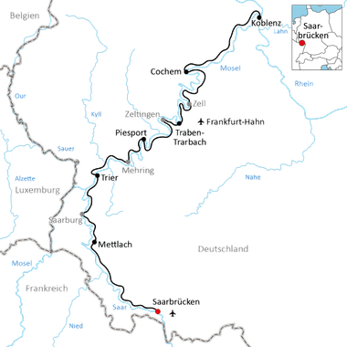 Karte des Mosel-Radwegs von Saarbrücken bis Koblenz durch Deutschland, Luxemburg und Frankreich über Trier, Cochem und Zell.