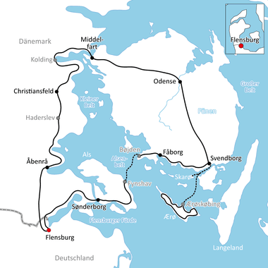 Karte mit Radroute durch dänische Regionen einschließlich Flensburg, Sønderborg, Åbenrå, Haderslev, Christiansfeld, Kolding, Middelfart, Odense, Fåborg, Svendborg und Insel Ærø.