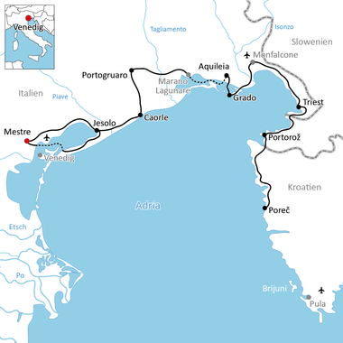 Karte mit Radweg rund um die Adria von Venedig über Triest, Grado, Aquileia, Portogruaro zurück nach Venedig.