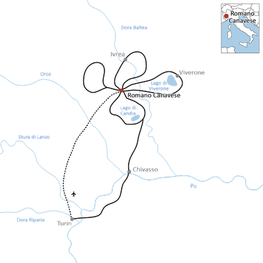 Karte mit Radroute von Romano Canavese über Chivasso nach Turin. Route umfasst Seen Viverone und Candia, Flüsse Po, Orco und Dora Baltea.