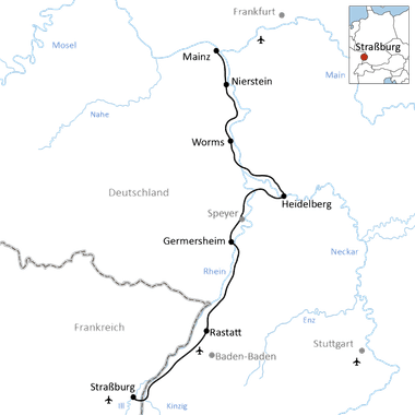 Karte mit Radroute durch Deutschland von Mainz über Nierstein, Worms, Heidelberg, Germersheim und Rastatt nach Straßburg in Frankreich.
