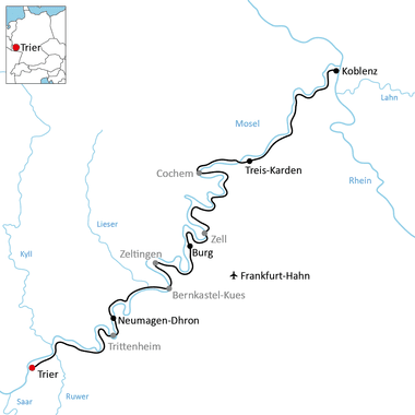 Karte mit Radroute entlang der Mosel von Trier nach Koblenz durch Neumagen-Dhron, Burg, Zell, Cochem und Treis-Karden.