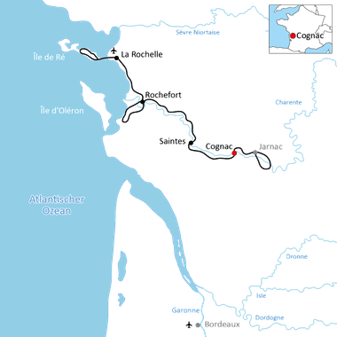 Karte mit Radroute von La Rochelle über Rochefort und Saintes nach Cognac entlang der Atlantikküste in Westfrankreich.