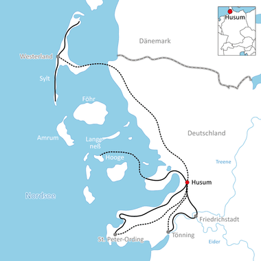 Karte mit Radweg entlang der Nordseeküste durch deutsch-dänisches Grenzgebiet, verbindet Husum mit den Inseln Sylt, Föhr und Amrum.