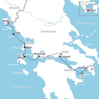 Karte mit Radroute von Korfu über Gaios, Lefkada, Nydri, Ithaka, Vathy nach Mesolongi, Delphi, Galaxidi, Korinth, Ägina und Piräus.