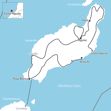 Karte mit Radroute auf der Insel Lanzarote mit markierten Orten wie Costa Teguise, Haría, Teguise, Arrecife, El Golfo und Playa Blanca.