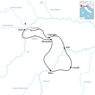 Karte mit Rundradweg von Turin über Superga, Chieri, Montafia, Capriglio, Asti, Canelli und Alba in der Region Piemont, Italien.