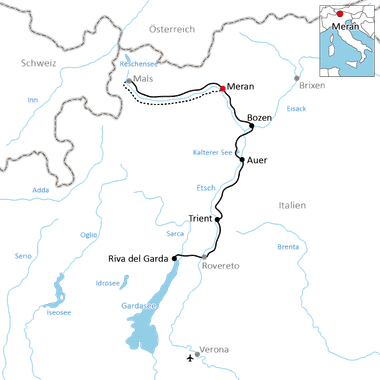 Karte mit Radroute von Meran über Bozen, Auer und Trient nach Riva del Garda. Nebenkarte zeigt Lage in Norditalien nahe Österreich.