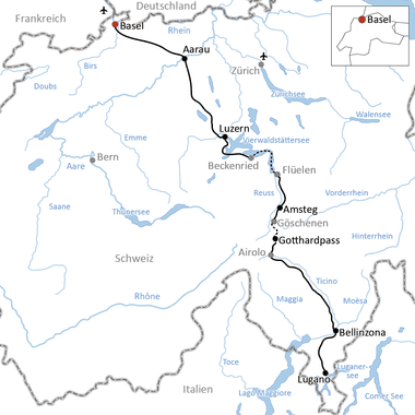 Karte mit Radroute durch die Schweiz von Basel über Aarau, Luzern, Flüelen, Amsteg, Göschenen, Gotthardpass, Airolo, Bellinzona nach Lugano.