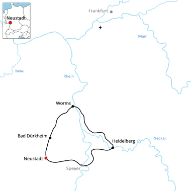 Karte mit Radweg von Neustadt über Bad Dürkheim, Worms nach Heidelberg. Flüsse Rhein, Main, Nahe, Neckar und Speyer sichtbar.