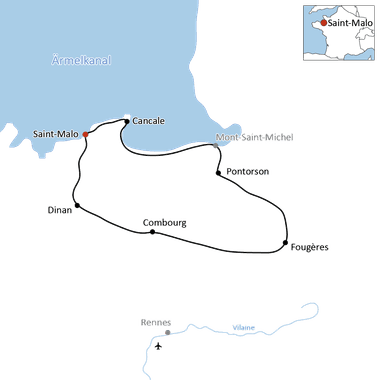 Radwegkarte mit Rundstrecke von Saint-Malo über Cancale, Mont-Saint-Michel, Pontorson, Fougères, Combourg und Dinan in der Bretagne, Frankreich.