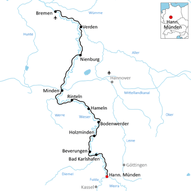 Map showing cycling route along Weser River from Bremen through Verden, Nienburg, Minden, Rinteln, Hameln, Bodenwerder to Hannoversch Münden.