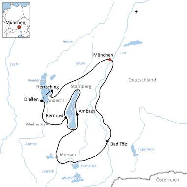 Karte mit Radroute von München über Herrsching, Dießen, Bernried und Ambach nach Bad Tölz. Route führt am Starnberger See in Bayern vorbei.