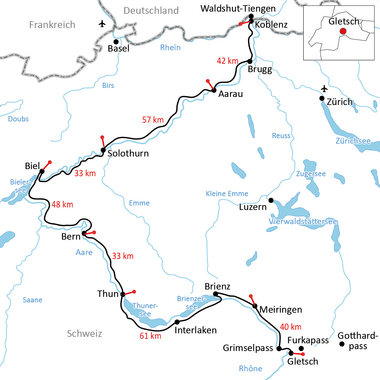 Karte des Aare-Radwegs von Gletsch bis Koblenz durch Schweizer Städte wie Bern, Thun, Solothurn und Aarau mit Entfernungsangaben.