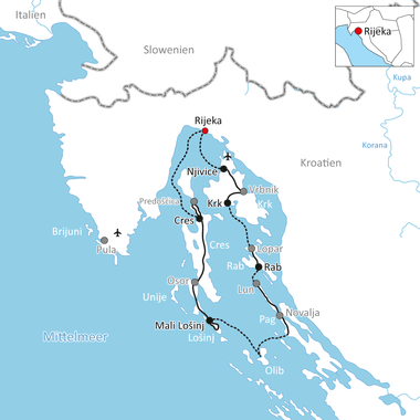 Karte mit Radroute entlang der kroatischen Küste von Rijeka nach Mali Lošinj über die Inseln Njivice, Krk, Cres und Rab.