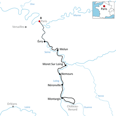 Karte mit Radweg von Paris nach Montargis entlang Seine und Loing, durch Évry, Melun, Moret-sur-Loing, Nemours und Néronville.