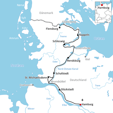 Karte mit Radweg von Hamburg über Glückstadt, Schaftstedt, Rendsburg, Schleswig, Flensburg, Glücksburg und Kappeln in Norddeutschland.