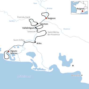 Karte mit Radroute von Avignon über Aramon, Vallabrègues, Arles nach Aigues-Mortes entlang der Rhône und Mittelmeerküste.