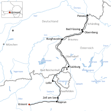 Karte mit Radweg durch Österreich und Deutschland von Passau nach Krimml über Salzburg, Lofer und Zell am See mit Flüssen und Seen.
