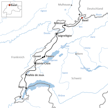 Karte mit Radweg durch den Schweizer Jura von Basel nach Nyon über Miécourt, Saignelégier, Travers, Sainte-Croix und Vallée de Joux.