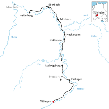 Map showing Neckar cycling route from Tübingen through Esslingen, Ludwigsburg, Heilbronn, Neckarsulm, Mosbach, Heidelberg to Mannheim with rivers.