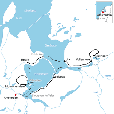 Karte mit Radroute durch die Niederlande von Amsterdam über Monnickendam, Hoorn, Enkhuizen, Urk, Vollenhove nach Giethoorn am IJsselmeer.