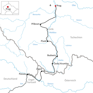 Karte mit Radweg von Prag über Příbram, Písek, Budweis, Český Krumlov nach Passau, mit Elbe und Moldau markiert.