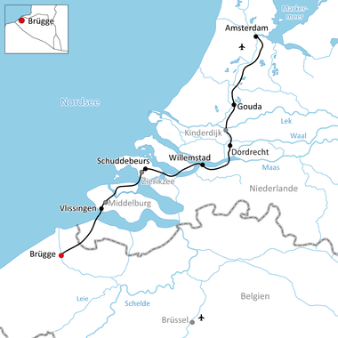 Karte mit Radroute von Amsterdam nach Brügge über Gouda, Dordrecht, Willemstad und Vlissingen entlang niederländischer Wasserwege.