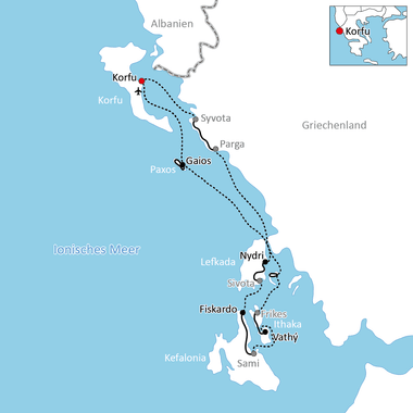 Karte mit Radroute von Korfu durch Griechenland über Parga, Gaios, Paxos, Nydri, Lefkada, Fiskardo, Ithaka und Vathy im Ionischen Meer.