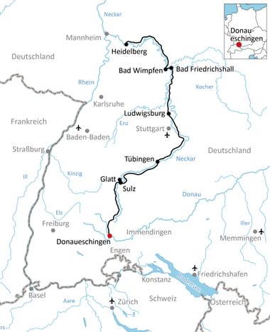 Karte des Neckar-Radwegs durch Süddeutschland von Donaueschingen bis Bad Friedrichshall über Tübingen, Ludwigsburg und Heidelberg.