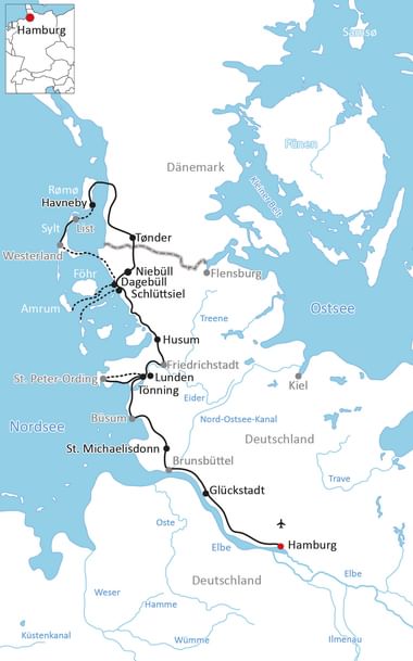 Map showing cycling route from Hamburg through North Germany and Denmark to North Frisian islands, passing towns like Glückstadt, Husum, and Tønder.