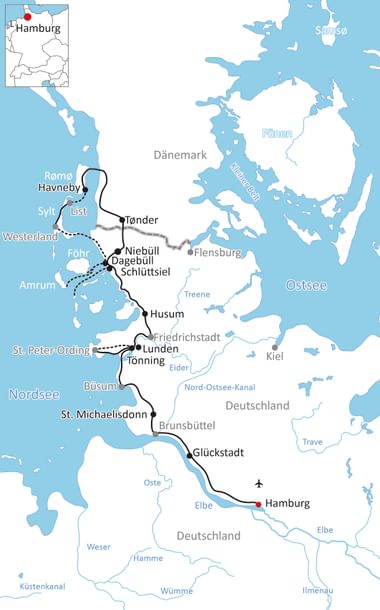 Karte mit Radweg von Hamburg über Glückstadt, St. Michaelisdonn, Büsum, Lunden, Husum, Dagebüll und Niebüll bis Havneby auf Rømø.