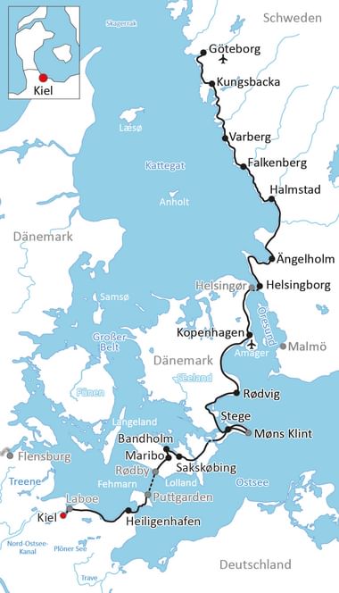 Map showing cycling route from Kiel, Germany through Denmark to Gothenburg, Sweden, passing through Copenhagen, Helsingborg, and coastal towns.