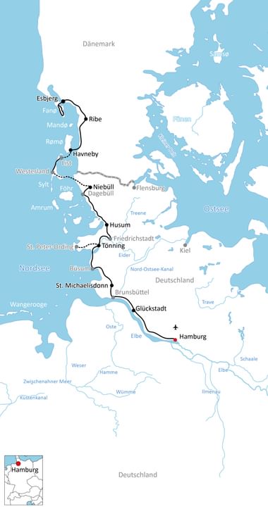 Radwegkarte von Hamburg nach Esbjerg entlang der Nordseeküste durch Deutschland und Dänemark mit Stationen wie Glückstadt, Tönning, Husum und Ribe.