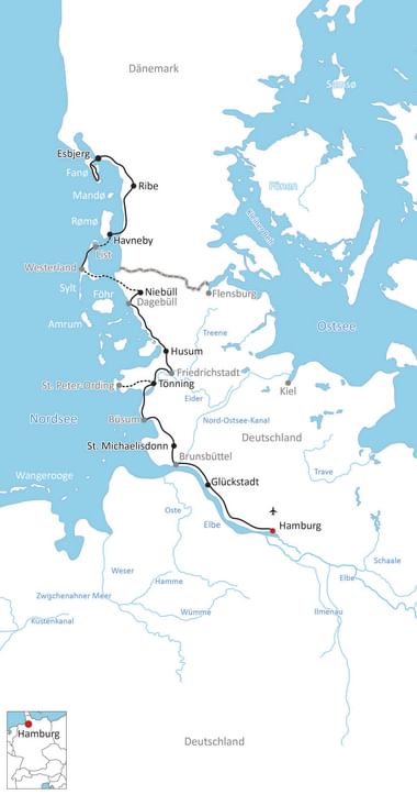 Map showing cycling route from Hamburg, Germany through coastal towns to Esbjerg, Denmark, passing through Glückstadt, Tönning, Husum, and Ribe.