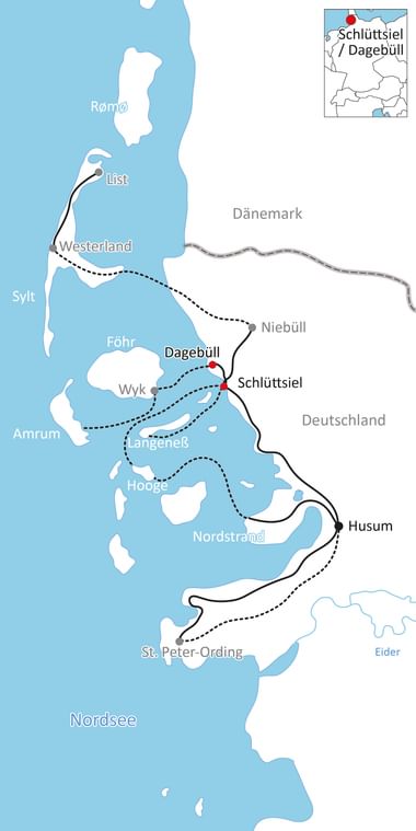 Karte mit Radweg von Schlüttsiel/Dagebüll durch nordfriesische Inseln wie Föhr, Amrum und Küstenorte bis St. Peter-Ording.