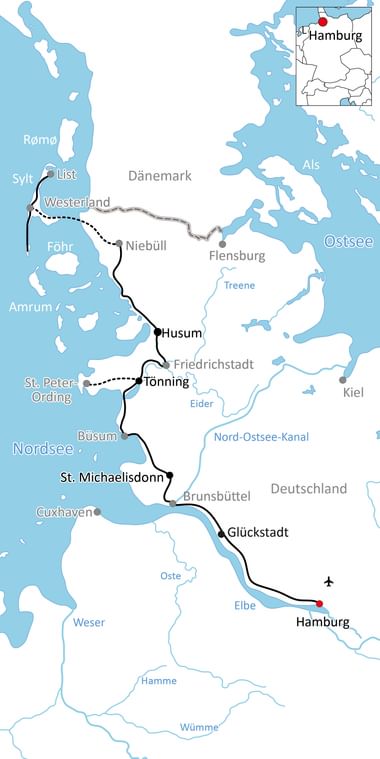 Karte mit Radroute von Hamburg über Glückstadt, St. Michaelisdonn, Büsum, Tönning, Husum, Niebüll nach List auf Sylt.