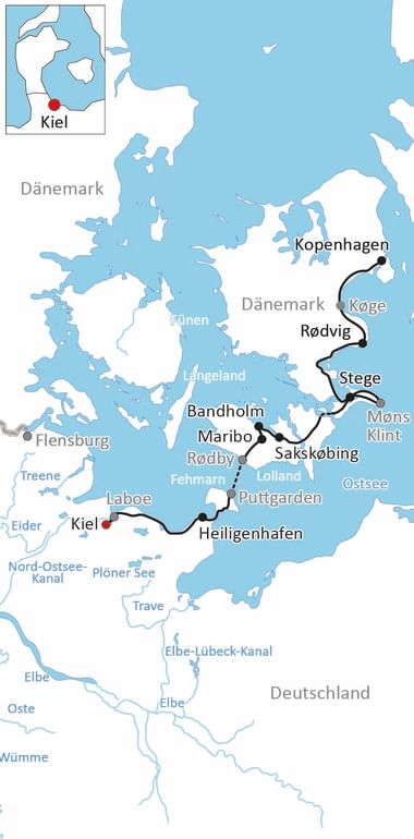 Karte mit Radroute durch Dänemark von Kopenhagen über Køge, Rødvig, Stege, Sakskøbing, Maribo und Heiligenhafen nach Kiel in Deutschland.