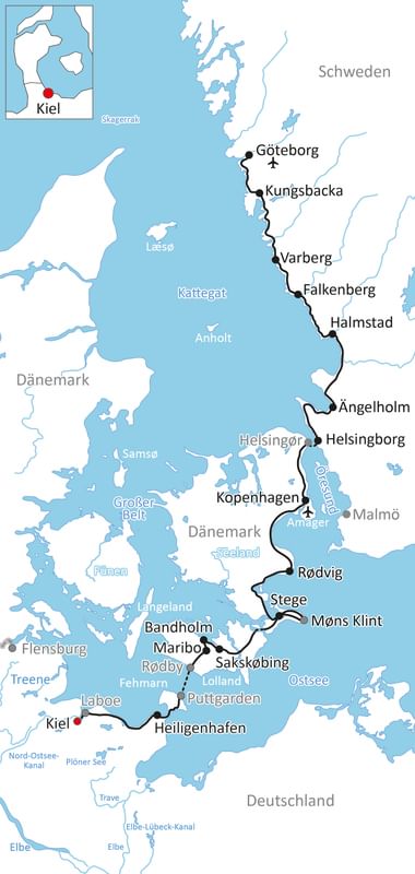 Karte mit Radroute von Kiel durch Dänemark nach Göteborg über Kopenhagen, Helsingborg und Küstenstädte.