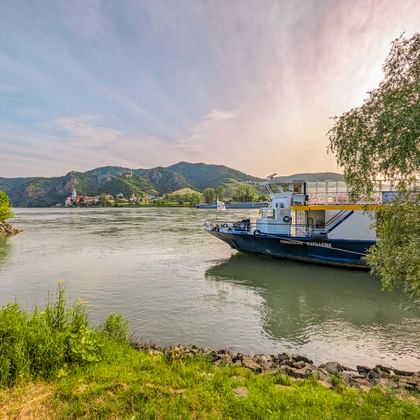 MS Prinzessin Katharina Flusskreuzfahrtschiff an der Donau mit grünen Ufern, Bergen und einem Dorf im Hintergrund.