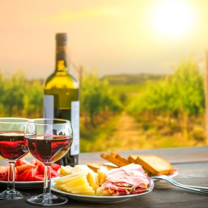 Zwei Gläser Rotwein mit Flasche, Käse, Prosciutto und Brot auf einem Tisch mit Blick auf einen sonnigen Weinberg in Italien.