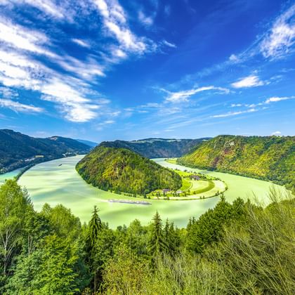 Luftaufnahme der Schlögener Schlinge, einer dramatischen Hufeisenschleife der Donau, umgeben von bewaldeten Hügeln unter blauem Himmel.