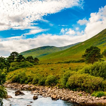 Steiniger Bach fließt durch grünes irisches Tal mit sanften Hügeln, vereinzelten Bäumen und blauem Himmel mit weißen Wolken in County Cork.