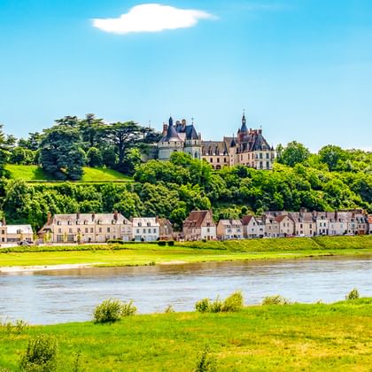 Französisches Schloss auf Hügel über Dorfhäusern entlang der Loire. Grüne Wiesen im Vordergrund unter blauem Himmel mit weißen Wolken.