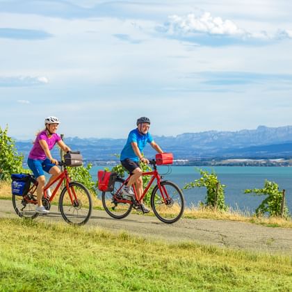 Zwei Radfahrer mit roten Tourenrädern und Packtaschen auf einem Schotterweg durch Weinberge bei Hagnau mit Blick auf den Bodensee und Berge.