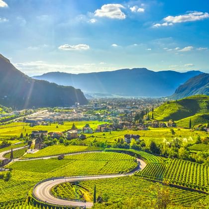 Panoramablick auf Bozen im Etschtal mit terrassierten Weinbergen, kurvenreichen Straßen und Bergen unter blauem Himmel mit weißen Wolken.