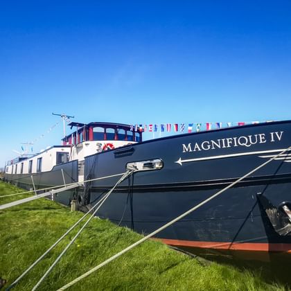 Flusskreuzfahrtschiff MS Magnifique IV mit dunkelblauem Rumpf am Grasufer unter blauem Himmel vertäut. Bunte Flaggen schmücken das Oberdeck.