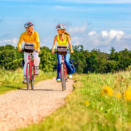 Zwei Radfahrer in bunten Jacken auf roten Rädern auf einem Schotterweg durch grüne Wiesen mit gelben Wildblumen unter blauem Himmel.