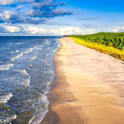 Luftaufnahme vom Strand Osieki mit sandigem Ufer, blauen Ostseewellen und dichtem grünem Wald unter teilweise bewölktem Himmel.